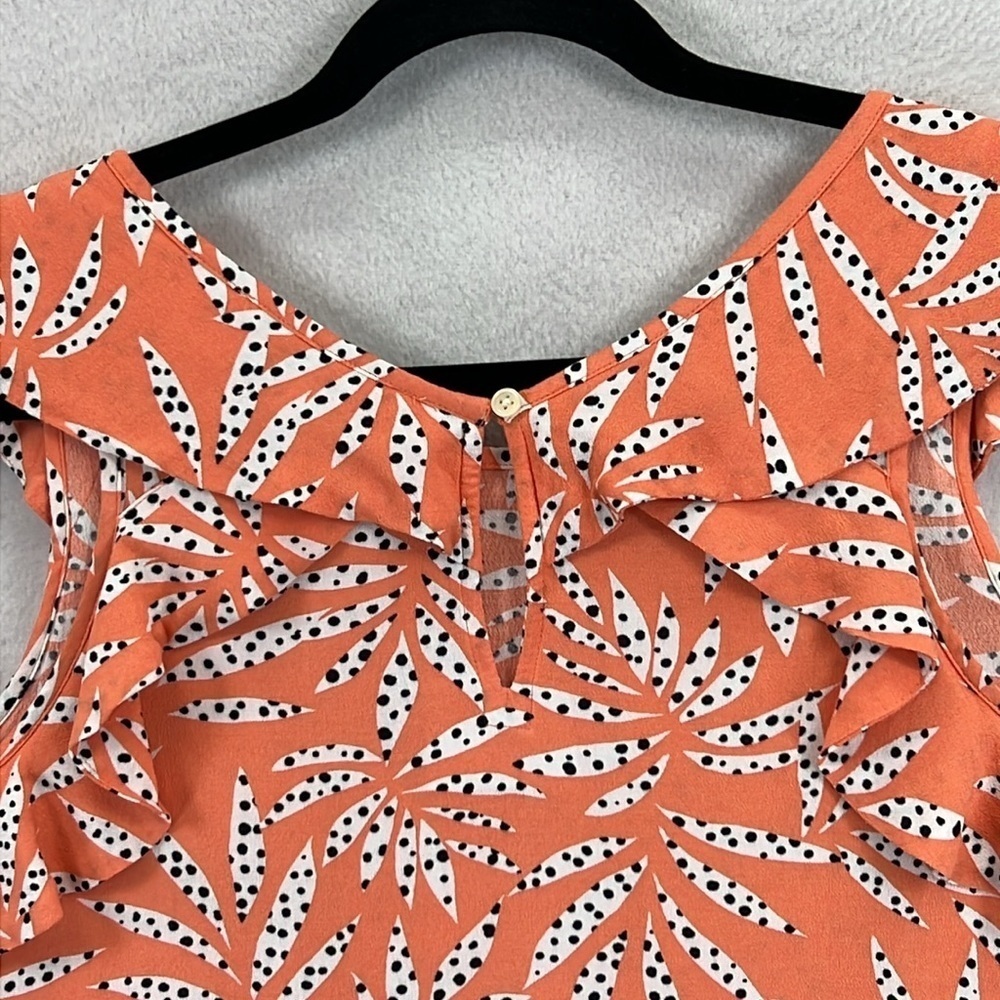 LOFT Women’s Top Blouse Tank Top Sz L Peach/Black/White Rayon Ruffled EUC - Picture 5 of 8